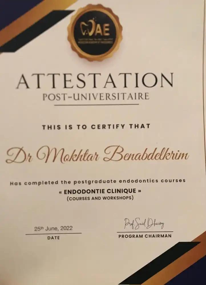 Attestation post-universitaire en endodontie clinique (cours et ateliers) du Dr. Benabdelkrim Mokhtar — juin 2022